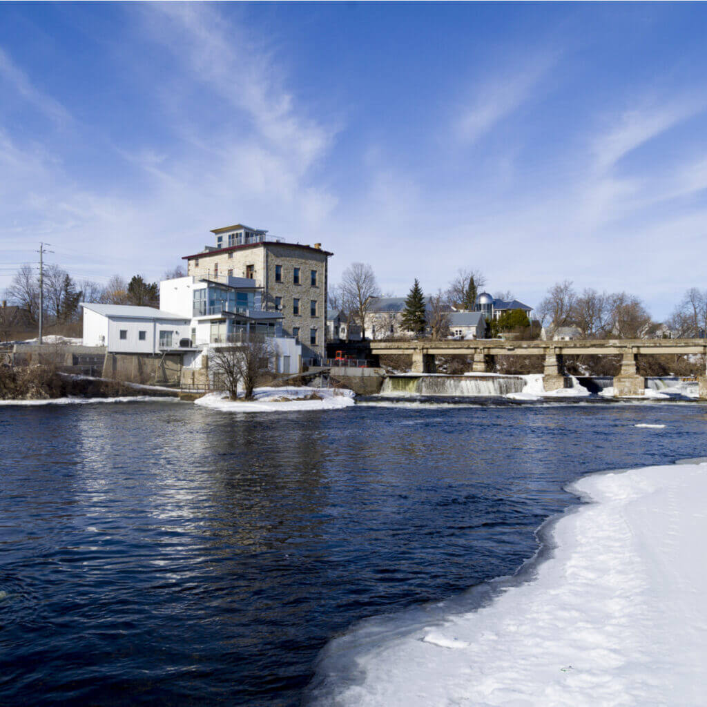 Waterfalls ice and snow on the Mississippi River in Almonte