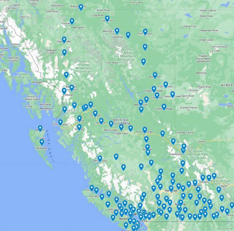 Карта заправок по Британской Колумбии