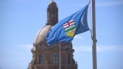 Флаг Альберты на фоне Капитолийского холма в Оттаве