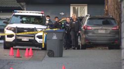 Патрульный автомобиль RCMP со включенными маячками в жилом квартале Суррея