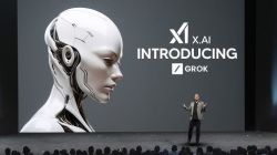Иллюстрация логотипа чат-бота Grok на фоне интерфейса социальной сети X.Иллюстрация логотипа чат-бота Grok на фоне интерфейса социальной сети X.