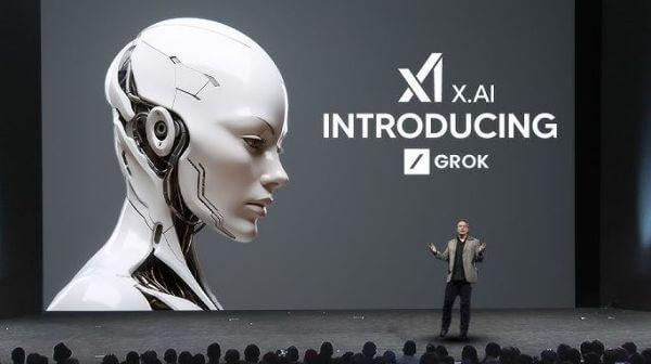 Иллюстрация логотипа чат-бота Grok на фоне интерфейса социальной сети X.Иллюстрация логотипа чат-бота Grok на фоне интерфейса социальной сети X.