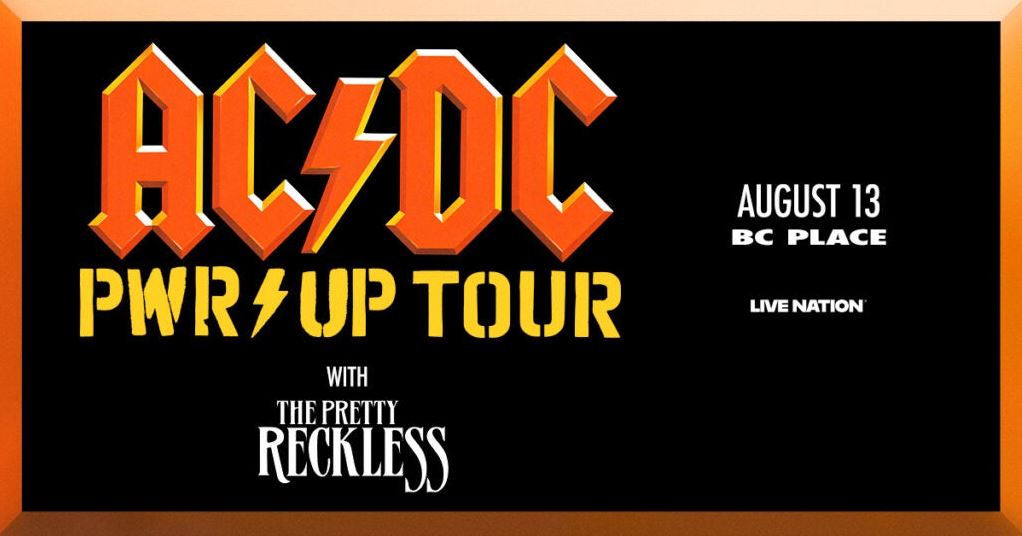 AC/DC PWR UP Tour poster: bold orange logo on black with date August 13 and BC Place venue, plus Live Nation.