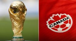Collage: FIFA World Cup trophy on the left and Canada's national soccer team crest on a red jersey on the right, highlighting two iconic soccer symbols together.