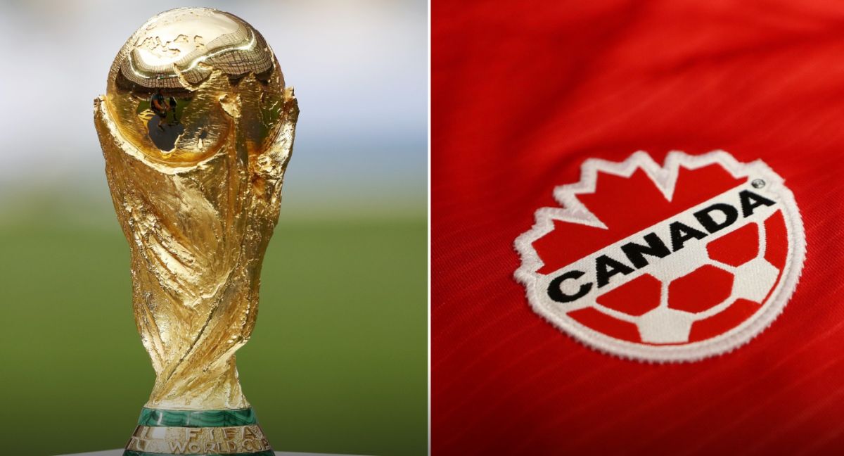 Collage: FIFA World Cup trophy on the left and Canada's national soccer team crest on a red jersey on the right, highlighting two iconic soccer symbols together.
