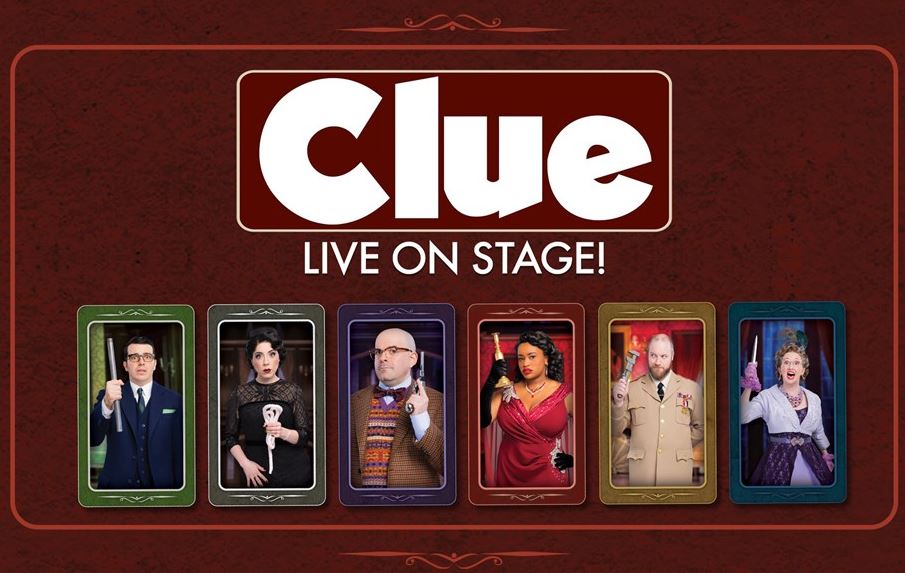 Poster for Clue: Live on Stage featuring seven cast portraits in colorful framed cards on a red backdrop.