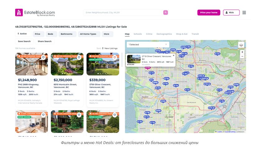 EstateBlock listings page with six property cards on the left and a map of property prices on the right, with filters & search bar at top.