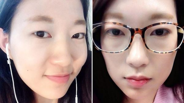 Split image of a young Asian woman: left side smiling with earphones, right side close-up wearing tortoiseshell glasses with neutral expression