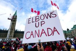 Crowd of protesters holding a large white sign that reads 'ELBOWS UP CANADA' with Canadian flags above and a historic building in the background.