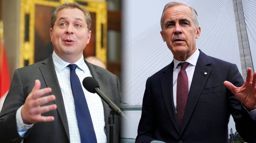 Left: man in a gray suit speaking at a microphone; right: man in a dark suit gesturing with a bridge in the background.