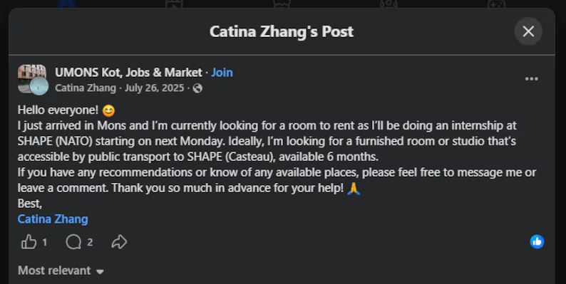 Facebook post by Catina Zhang seeking a furnished room or studio in Mons for a 6‑month internship near SHAPE (Casteau); asks for recommendations.