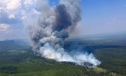 Massive smoke plume rising from a forest fire in a green, hilly landscape; thick gray and white smoke billows into the sky.