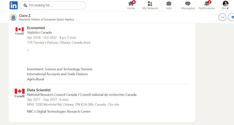 LinkedIn Jobs screenshot showing two postings: Economist and Data Scientist at Statistics Canada with Canadian flag logos.