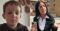 Split image: a young boy indoors on the left with a dark hoodie, and a woman outdoors on the right in a black blazer holding a smartphone.