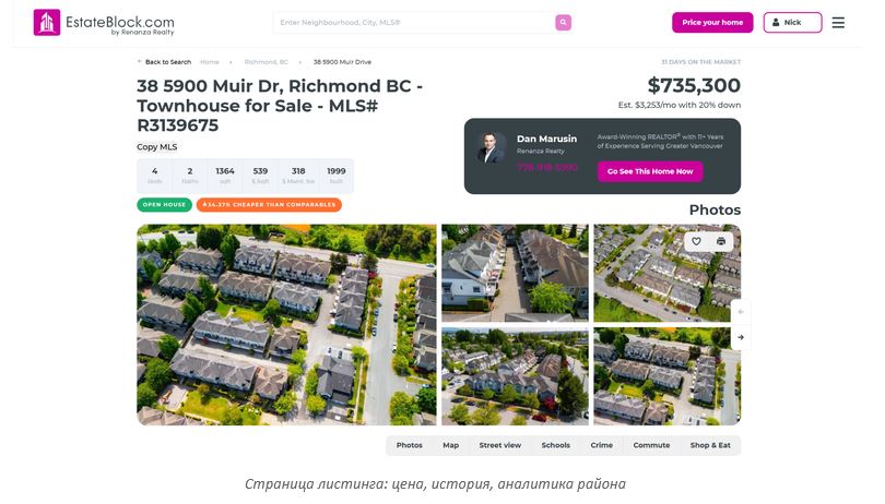 Aerial collage of townhouse rows with grey roofs and green lawns, shown in a real estate listing for 38 5900 Muir Dr, Richmond BC (EstateBlock).