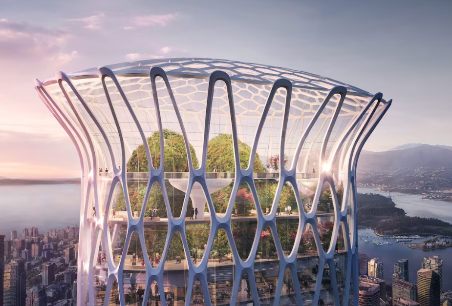 Futuristic glass high-rise with a honeycomb lattice shell, visible terraces and greenery inside, overlooking a city and water.