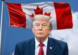 Man in a navy suit and red tie in front of a waving Canadian flag.