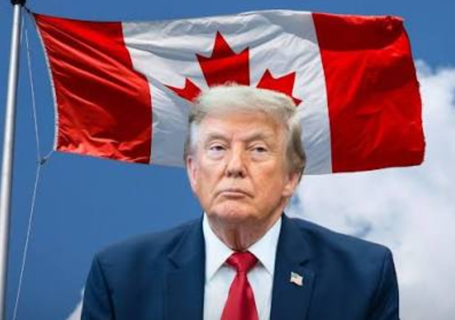 Man in a navy suit and red tie in front of a waving Canadian flag.