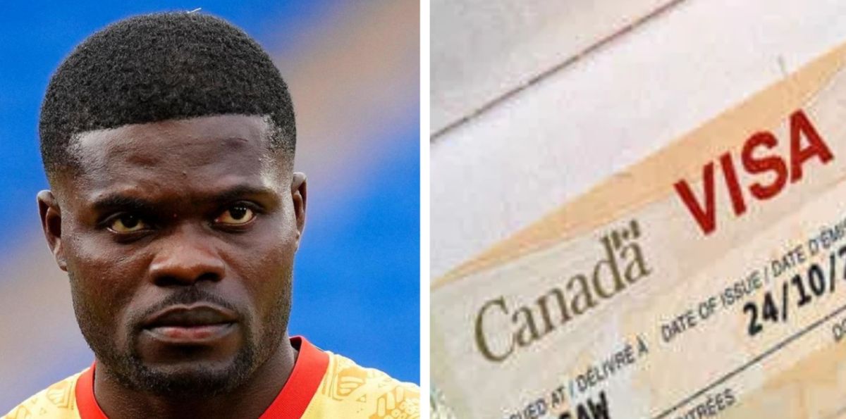 Split image: left side shows a close-up of a man with short hair wearing a yellow jersey; right side shows a Canada-issued Visa credit card.