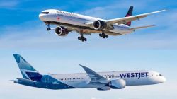 Two commercial airplanes in flight, Air Canada on the top half and WestJet on the bottom half against a blue sky.