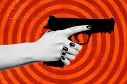 Hand gripping a handgun against an orange concentric-circle background, a bold, graphic style.