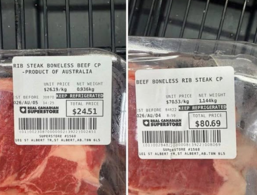 Two packaged beef rib steaks with label details: left package shows boneless rib steak, product of Australia, 0.936 kg and a total of $24.51; right package shows beef boneless rib steak, 1.144 kg, total $80.69 (Real Canadian Superstore).