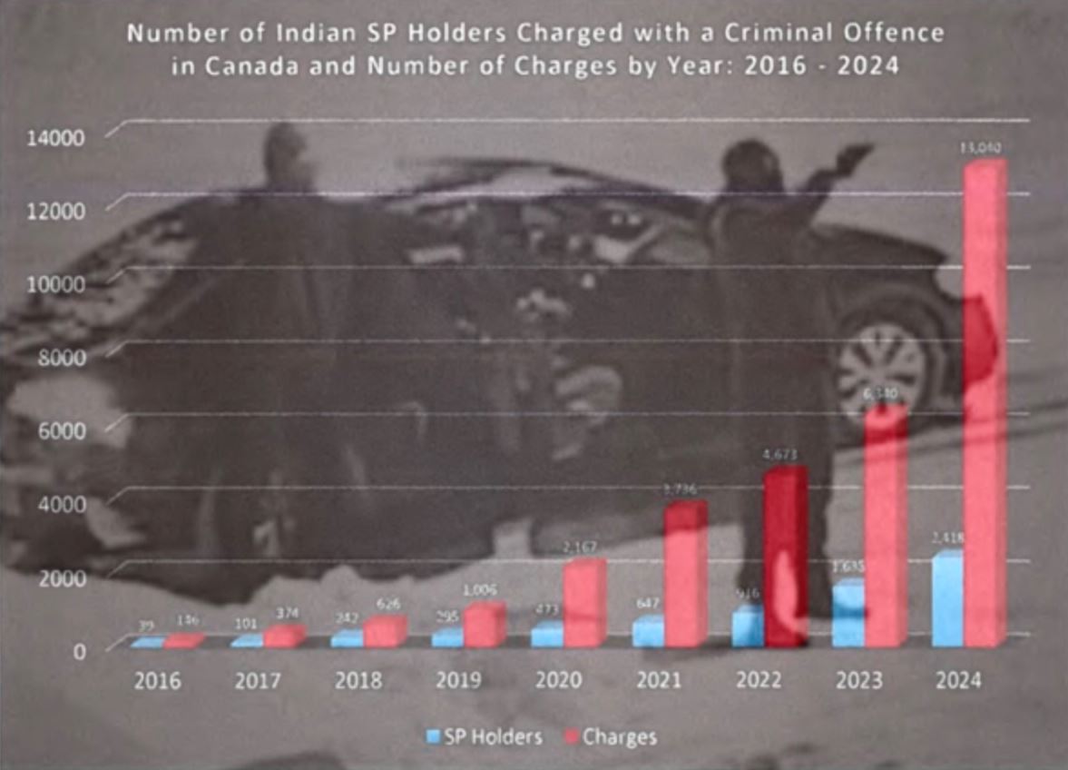 График из отчета CBSA | Наш Ванкувер Infographic showing yearly counts (2016–2024) of SP holders charged with a criminal offence in Canada and the number of charges; blue bars = SP holders, red bars = charges, with a large rise in 2024.
