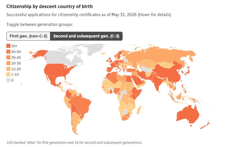 Гражданство по происхождению страна рождения | Наш Ванкувер World map showing citizenship by descent by country of birth, color-coded by share of people with foreign-born ancestors (0–50+), with a legend on the left and a toggle for first vs. subsequent generations.