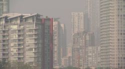 Hazy city skyline with modern high-rise apartment buildings lining the street. A dense row of glass and concrete towers viewed through smog or haze, typical of an urban residential district.