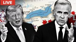Two politicians in suits speak in front of a map backdrop with red maple leaves and a LIVE banner.