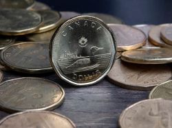 Canadian one-dollar coin (loonie) with a duck on the water, surrounded by other coins on a wooden surface