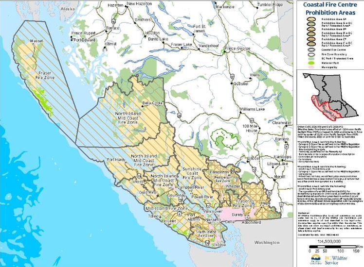 Map of coastal British Columbia showing color-coded fire prohibition zones with a legend titled 'Coastal Fire Centre Prohibition Areas' on the right.
