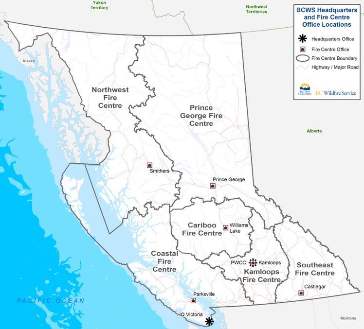 Map showing BC wildfire regions with fire centres: Northwest, Prince George, Cariboo, Coastal, Kamloops, Southeast centres and boundaries.