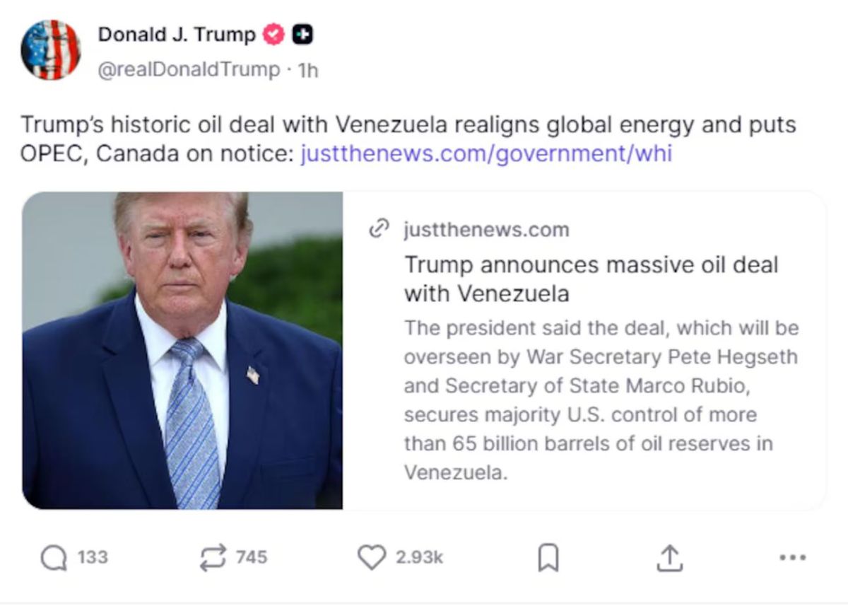 Tweet about a Venezuela oil deal featuring a man in a blue suit on the left and a text box about the deal on the right.