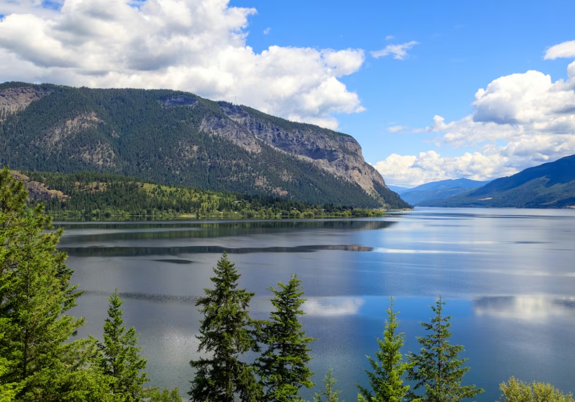 Wide lake surrounded by forested mountains under a blue sky with fluffy clouds, daytime scene.