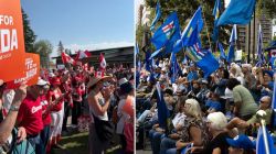 Split-screen crowd at political rallies: left side with red shirts and orange 'Canada' signs; right side seated crowd waving blue flags in an urban setting.