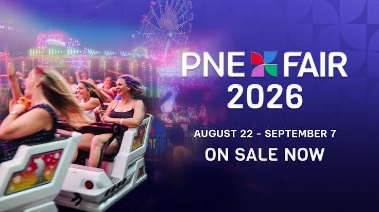 People ride a carnival roller-coaster as a bright PNE Fair 2026 banner looms with dates: August 22–September 7, On Sale Now.