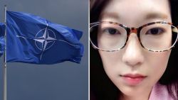 Blue NATO flag waving on a flagpole beside a close-up of a woman wearing tortoiseshell glasses.