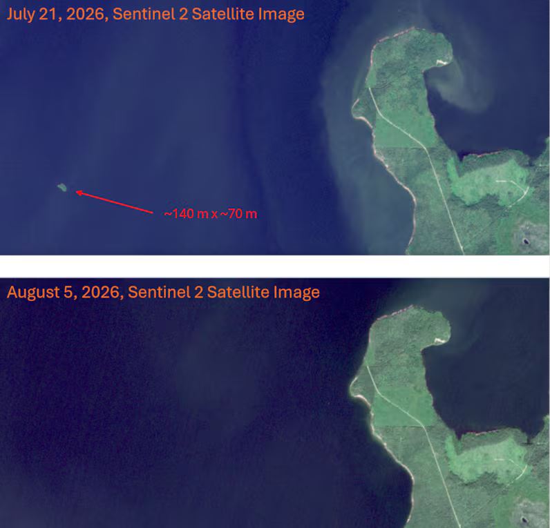 Satellite image pair of a coastal area: on July 21, 2026 a small object in the water near the island measures about 140 m by 70 m; by August 5, 2026 the object is not marked.