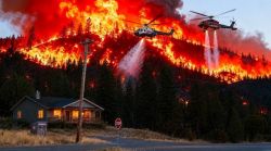 Wildfire at a forested hillside with two helicopters dropping water over a house and stop sign nearby, flames and smoke filling the sky