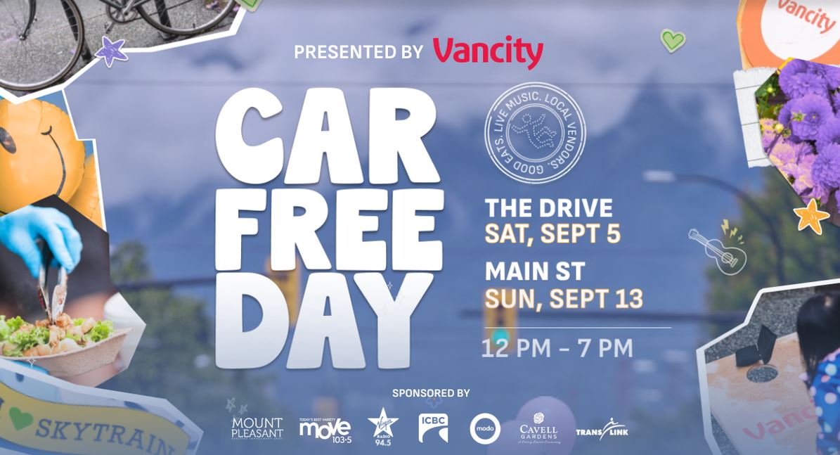 Promotional banner for Car Free Day: event details on Main Street Sept 5–13, 12 PM–7 PM, presented by Vancity.