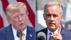Split-screen image of two men in suits speaking at microphones during a press event, the left man with blonde hair and the right man gesturing with a raised finger while talking to a mic.