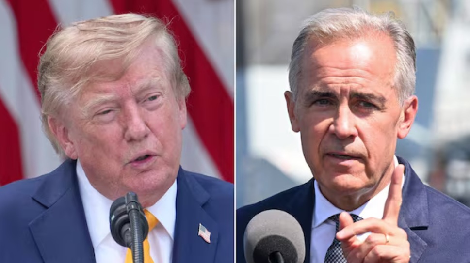 Split-screen image of two men in suits speaking at microphones during a press event, the left man with blonde hair and the right man gesturing with a raised finger while talking to a mic.