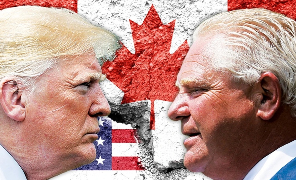 Two American politicians glare at each other in front of a cracked barrier with a Canadian flag backdrop