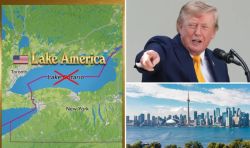 Collage: a map with 'Lake America' over Lake Ontario and a red X, plus a suited man pointing, and the Toronto skyline across the water.