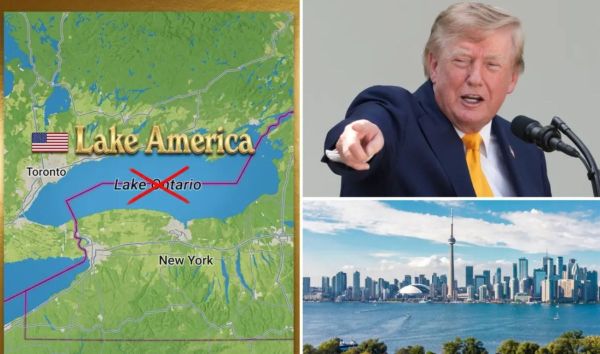 Collage: a map with 'Lake America' over Lake Ontario and a red X, plus a suited man pointing, and the Toronto skyline across the water.