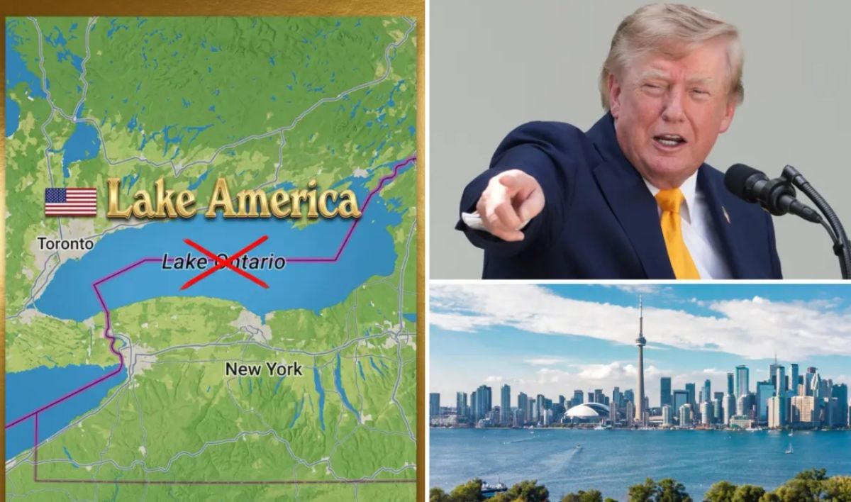 Collage: a map with 'Lake America' over Lake Ontario and a red X, plus a suited man pointing, and the Toronto skyline across the water.