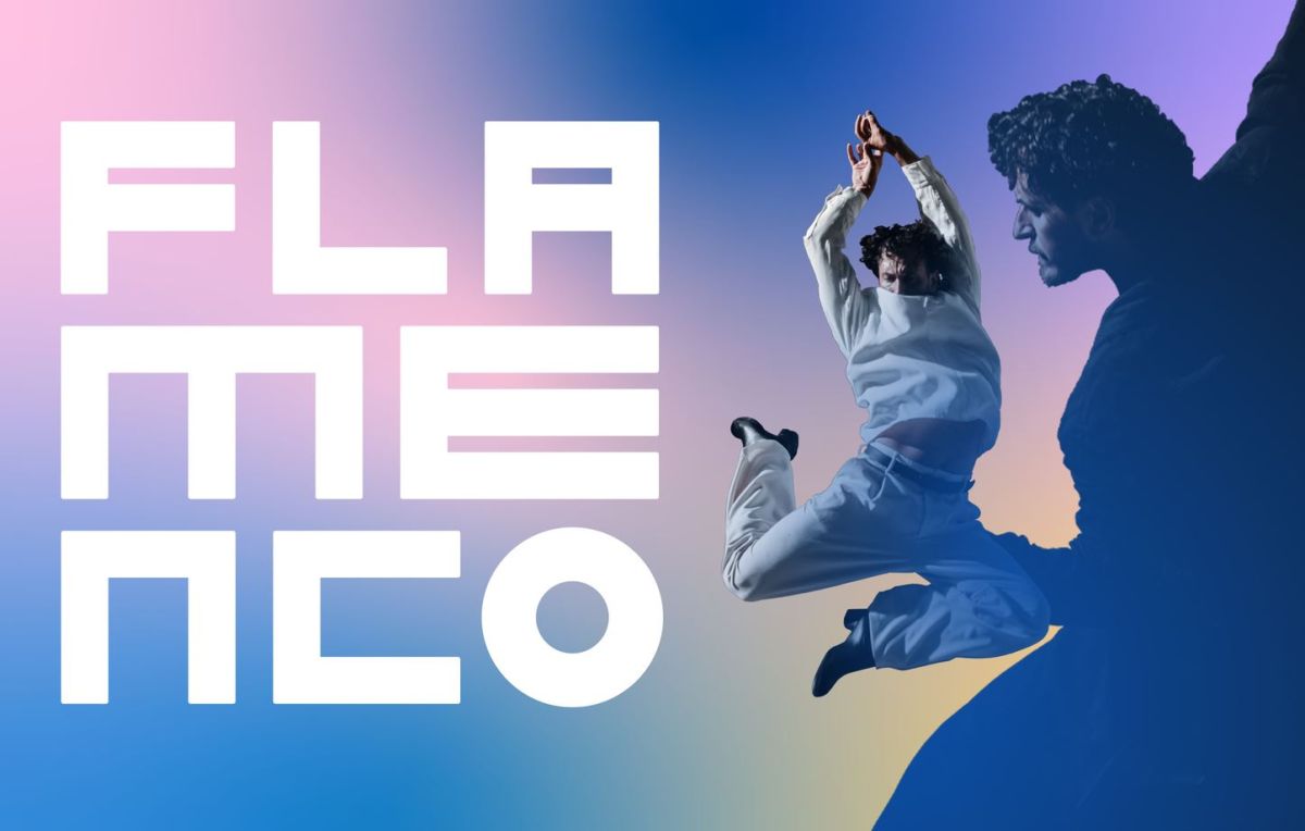 Gradient backdrop with bold white letters spelling FLAME on the left and two people jumping mid-air on the right, conveying energy and motion.