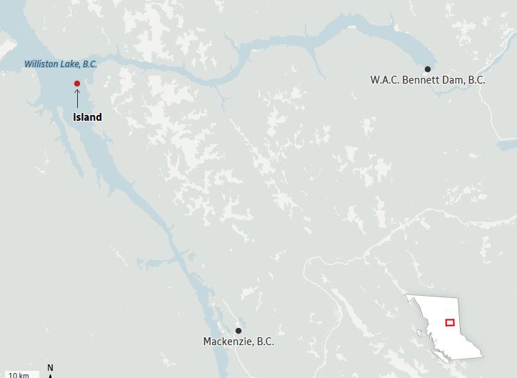 Map of northern British Columbia with markers: red dot on Island near Williston Lake, black dot at Mackenzie, BC, and black marker at W.A.C. Bennett Dam; inset outline of BC showing location.