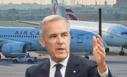 Man in a suit speaks on the tarmac with an Air Canada airplane in the background, suggesting a press or interview scene.